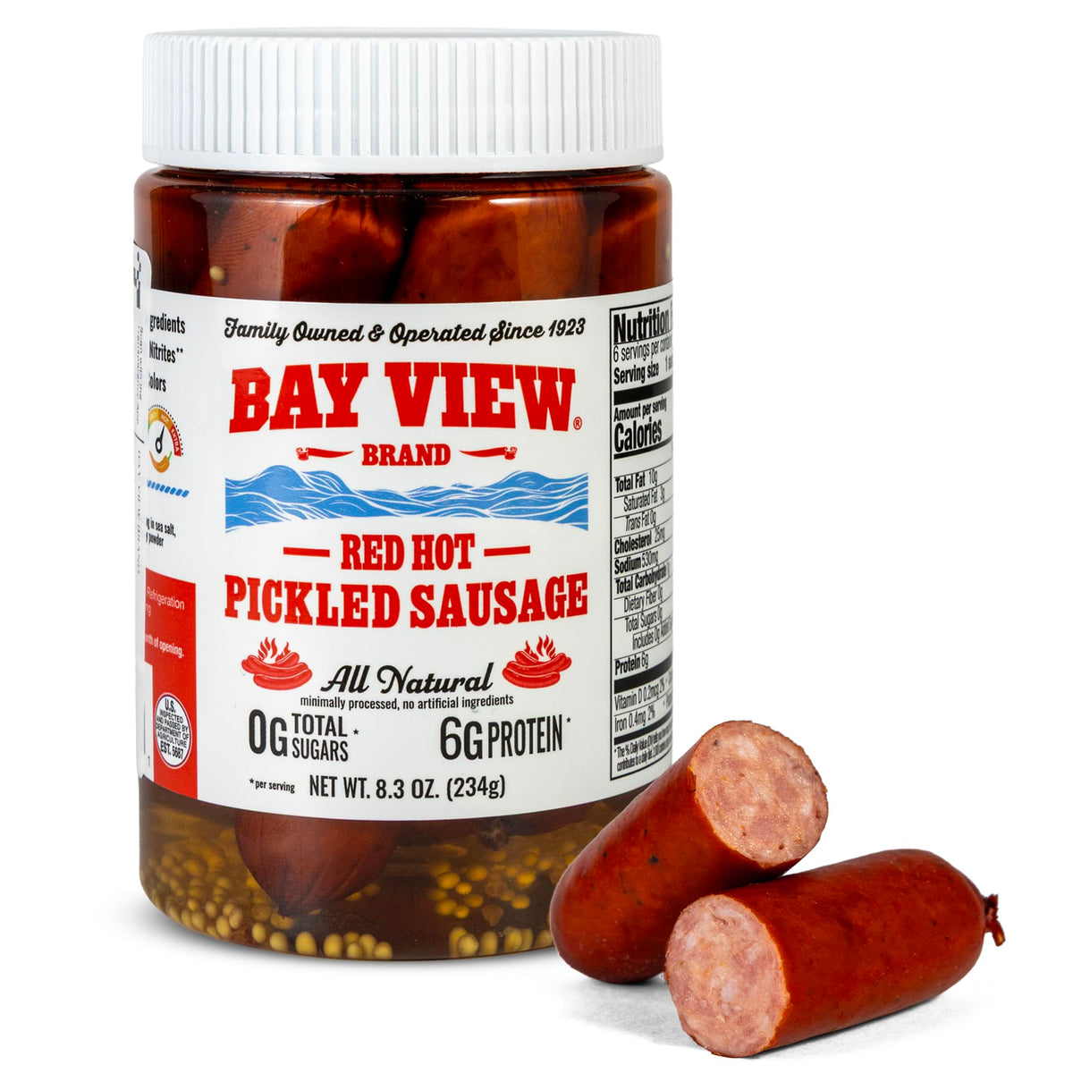 Bay View all natural pickled sausage red hot front-pack label highlights clean ingredients