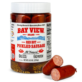 Bay View all natural pickled sausage red hot front-pack label highlights clean ingredients