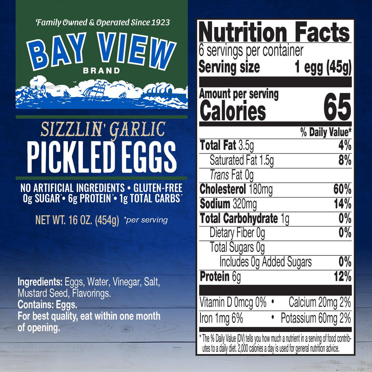 Bay View Brand pickled eggs in glass jar showing brine and chili kick.