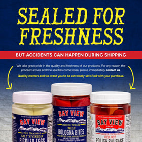 Bay View Brand pickle brine sausage slice, tangy bite and bold flavor.