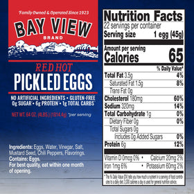 Bay View Brand pickled eggs 64oz jar close-up highlights brine and chili kick.