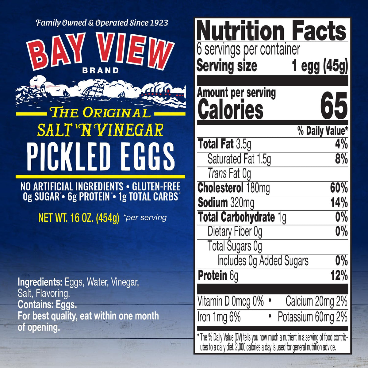 Bay View Brand boiled and peeled pickled eggs displayed for easy serving.