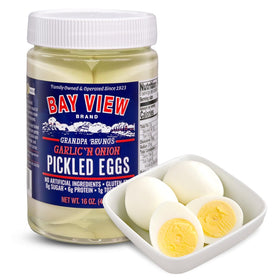 Bay View Brand pickled eggs in garlic-n-onion bottle, a convenient protein snack.