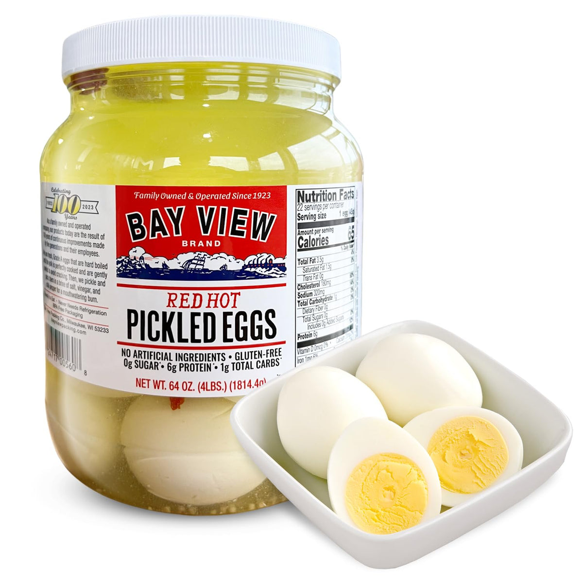 Bay View Brand pickled eggs packaging shows a 64oz jar ready for pantry storage.