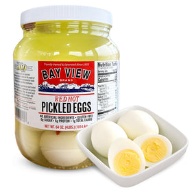 Bay View Brand pickled eggs packaging shows a 64oz jar ready for pantry storage.