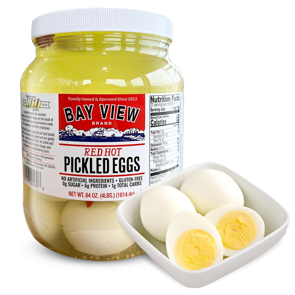 Bay View Brand pickled eggs packaging shows a 64oz jar ready for pantry storage.