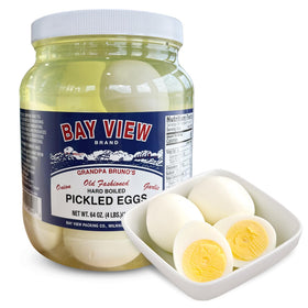 Bay View Brand pickled eggs packaging shows a classic jar for convenient snacking.
