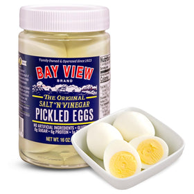 Bay View Brand pickled eggs in a salt-vinegar jar offering a tangy snack.