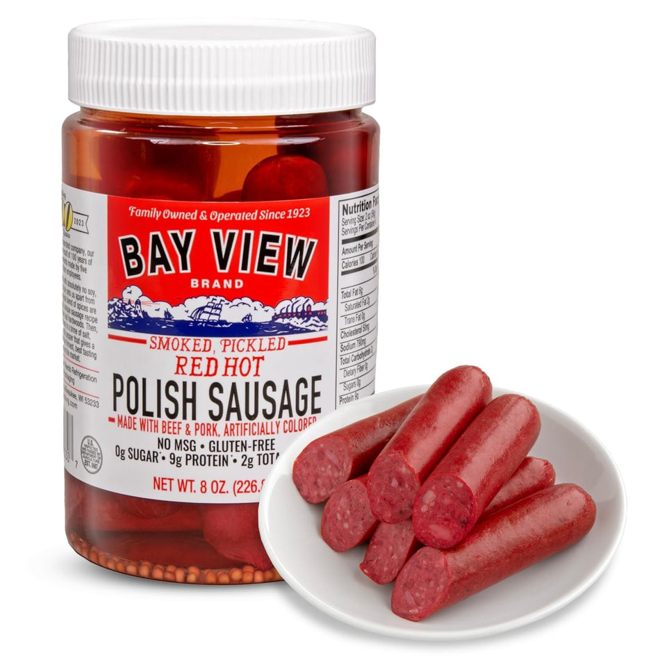 Bay View Brand smoked pickled sausage packaging shows premium quality for snack time