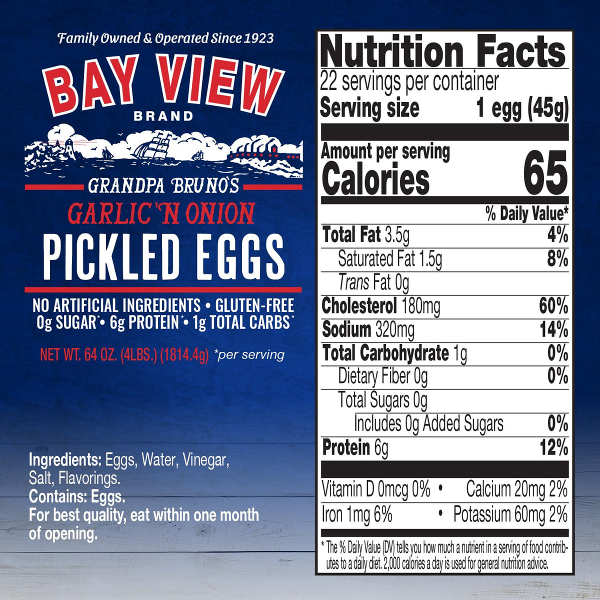 Bay View pickled eggs 64oz jar highlights a large family-size option for gatherings.