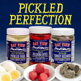 Bay View pickled eggs no artificial ingredients underline clean label.