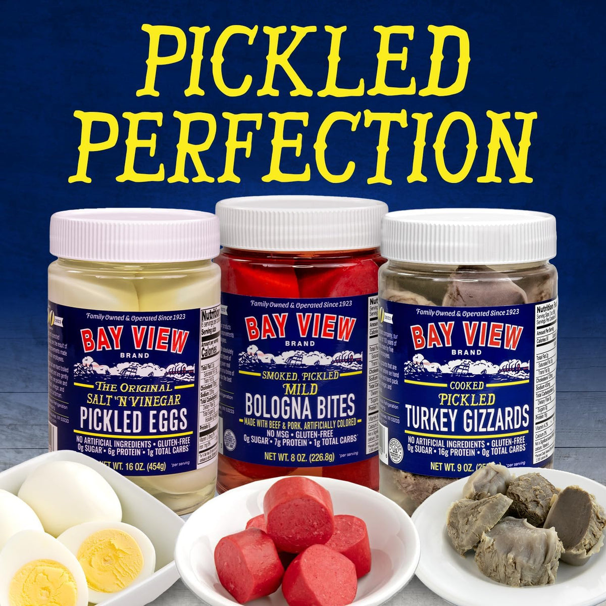 Bay View pickled onions in a jar, versatile garnish for entrees and cocktails.