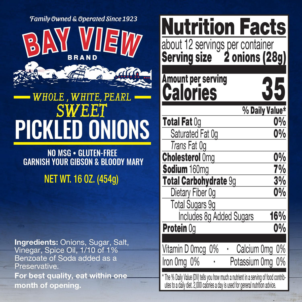 Bay View pickled onions jar close up with glossy pearls ideal for Gibson or martini garnishes.