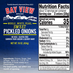 Bay View pickled onions jar close up with glossy pearls ideal for Gibson or martini garnishes.