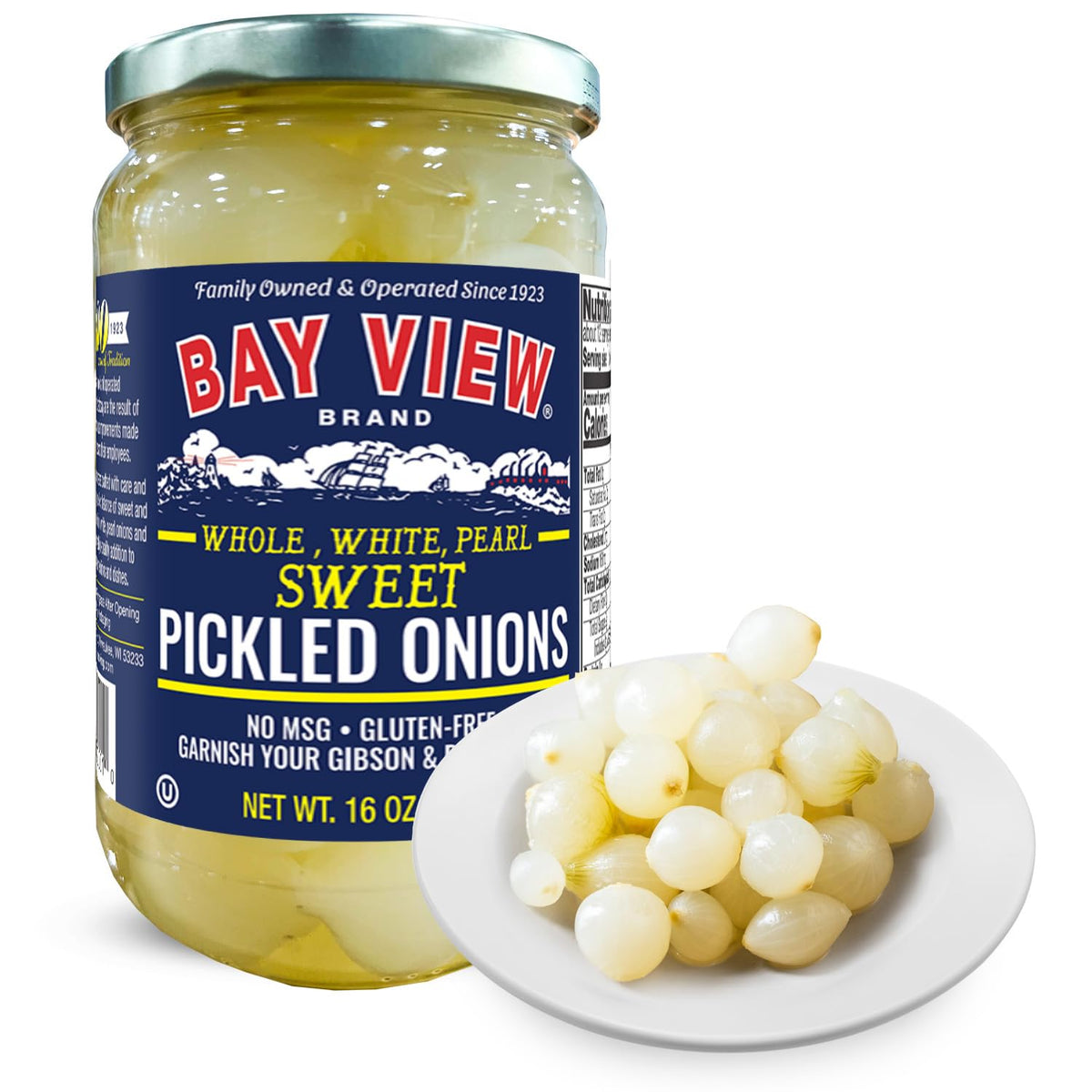 Bay View Brand pickled onions in a jar, ready to enjoy as a snack or garnish.