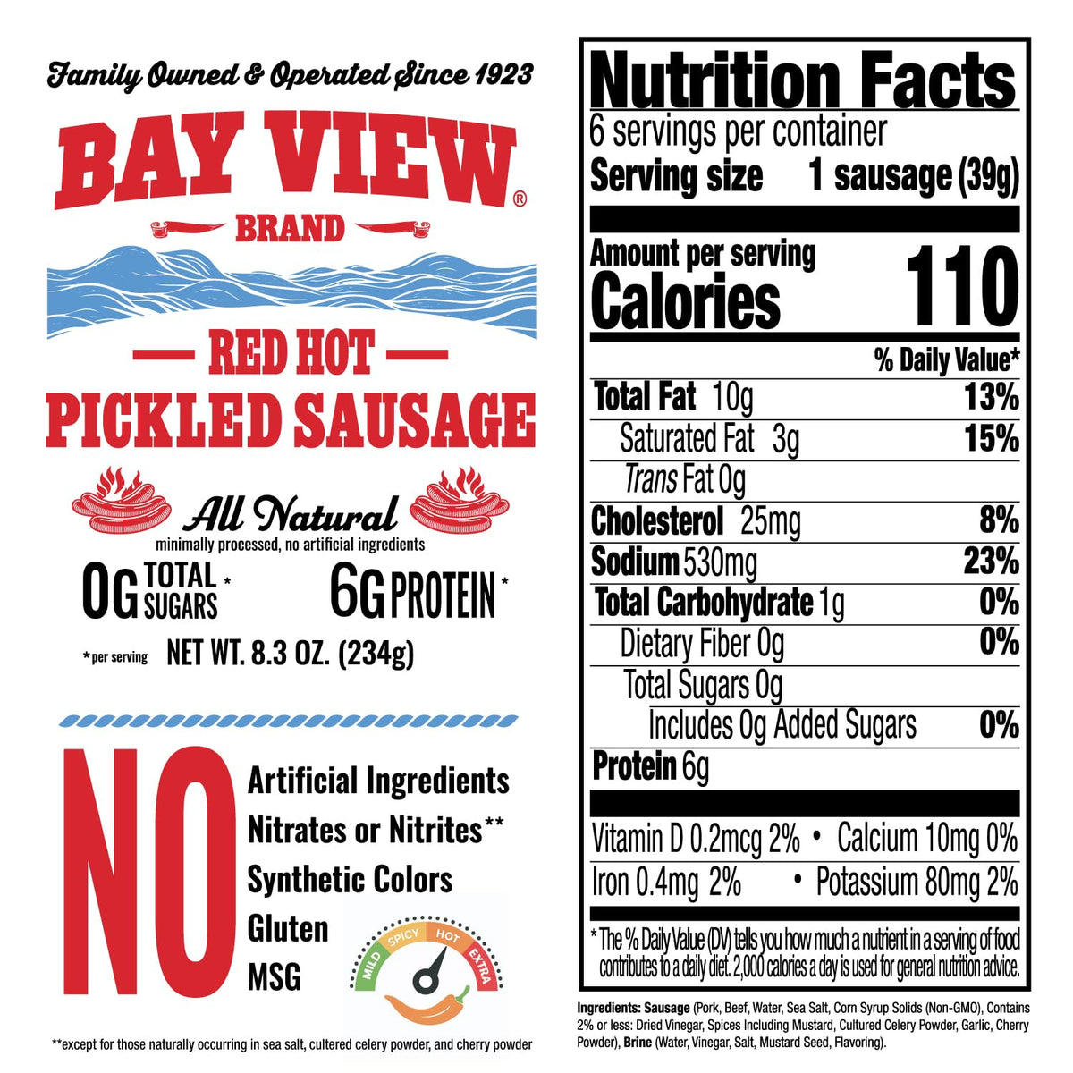 Bay View pickled sausage red hot sliced-bite ready for snacking