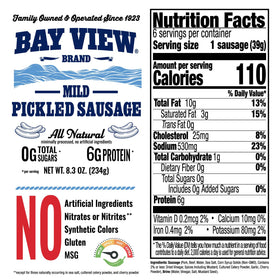 Bay View pickled sausage sliced on board shows crisp snap and savory, ready-to-eat flavor.