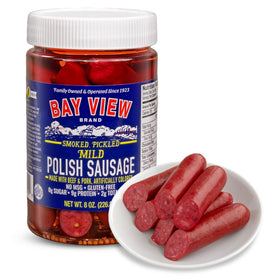 Bay View Smoked Pickled Polish Sausage pack shot highlights an 8-ounce snack.