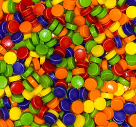 Bayside Candy Puckerz Ups disk candy in bright colors for bulk displays.