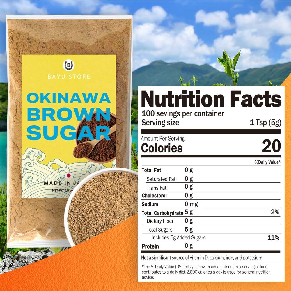 Close-up of BAYU STORE Okinawa Brown Sugar Powder label emphasizes origin Japan