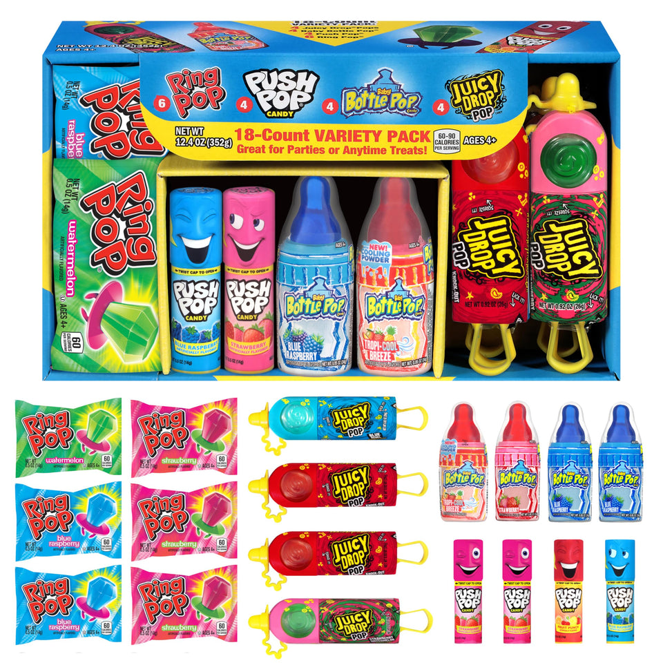 Bazooka Candy Brands Ring Pop assortment, ideal for party favors and kid-friendly treats.