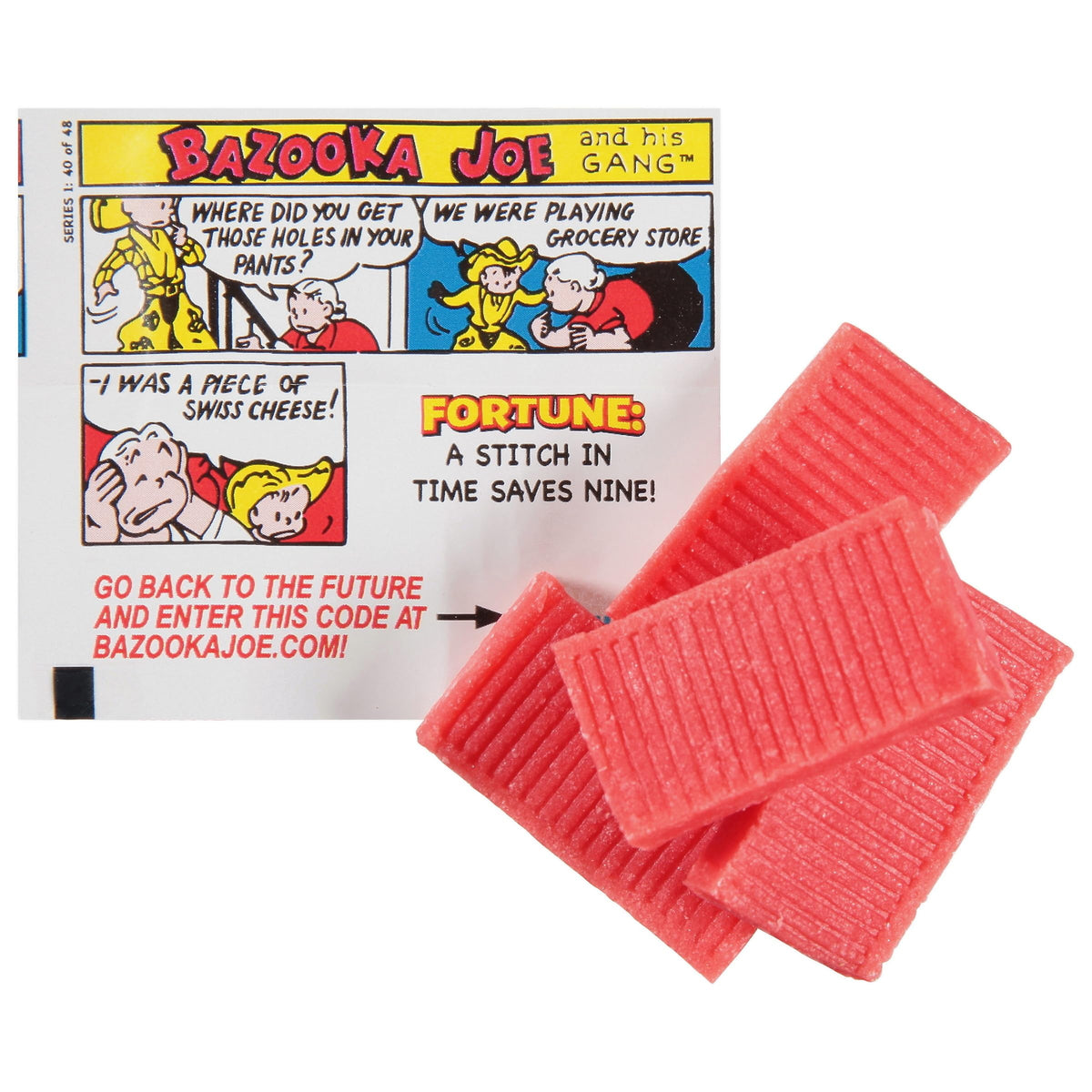 Bazooka comics and digital codes add playful value to each piece.