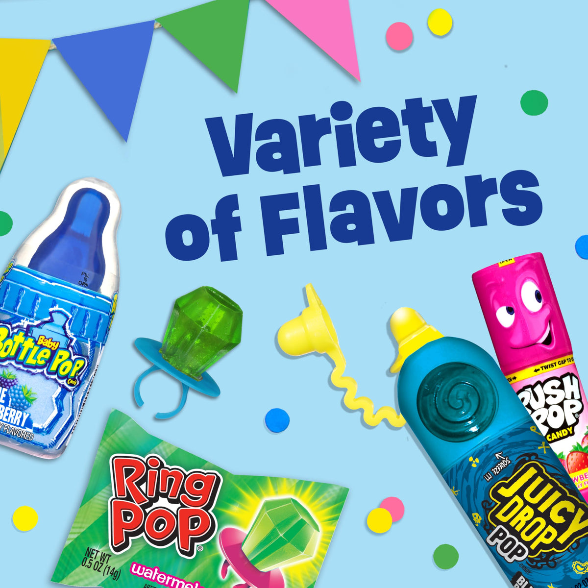 Bazooka Countdown Calendar candy assortment featuring Ring Pop, Push Pop, Baby Bottle Pop, Juicy Drop