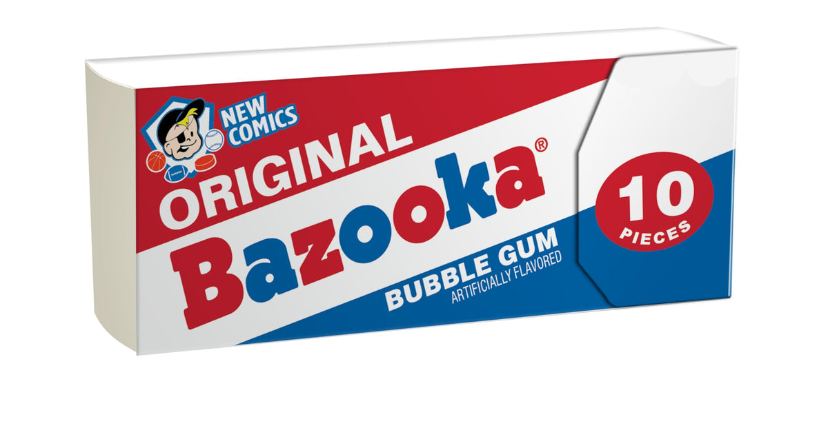 Bazooka original flavor gum pieces in classic pink packaging for quick treats.