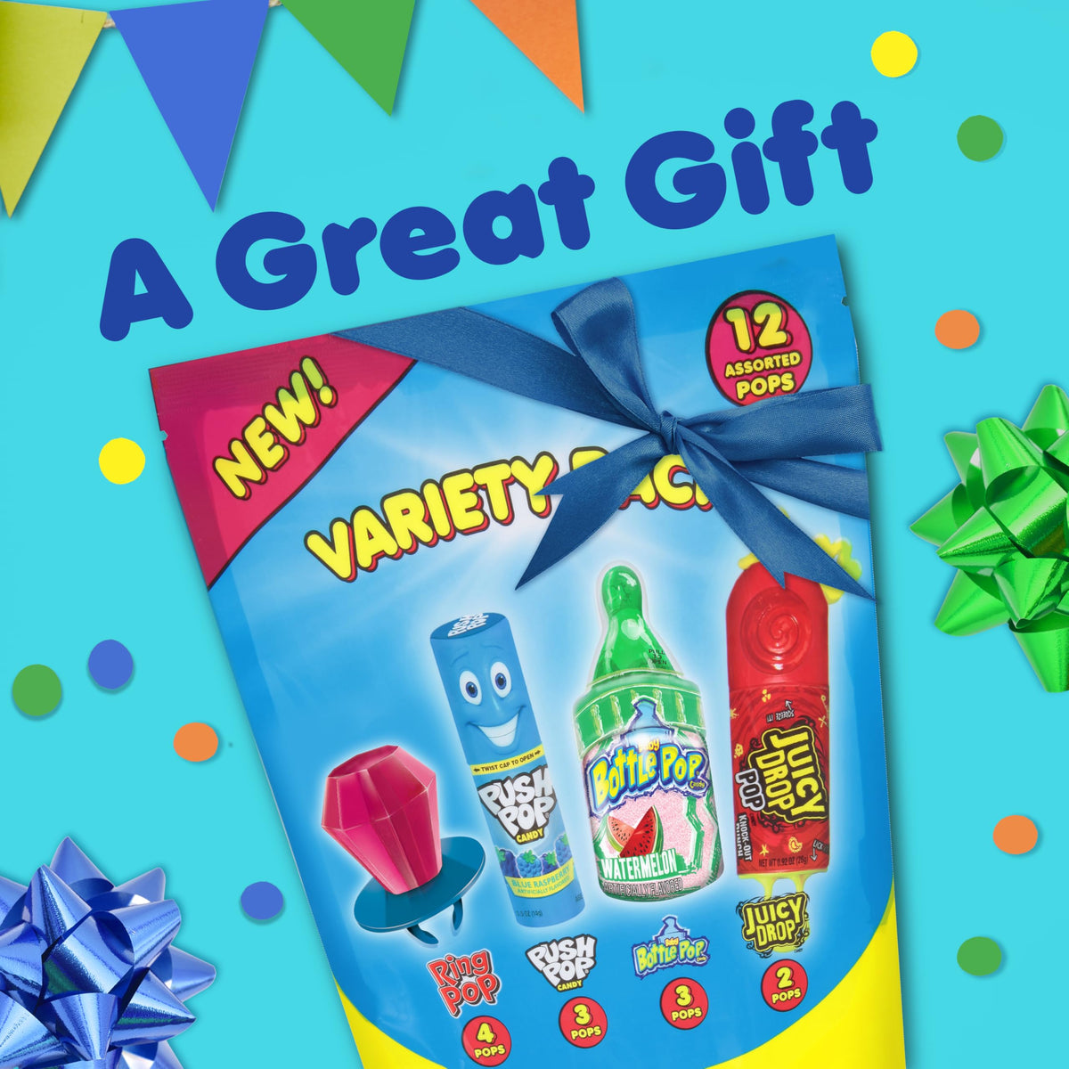 Bazooka Candy Brands Juicy Drop from the pack, long-lasting flavor for sharing at events.