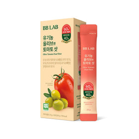 BB LAB Olive Tomato Shot packaging front shows the organic blend for on-the-go nutrition.