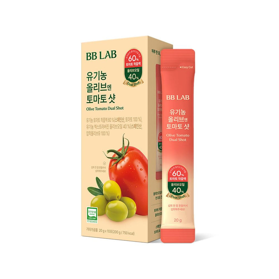 BB LAB Olive Tomato Shot packaging front shows the organic blend for on-the-go nutrition.