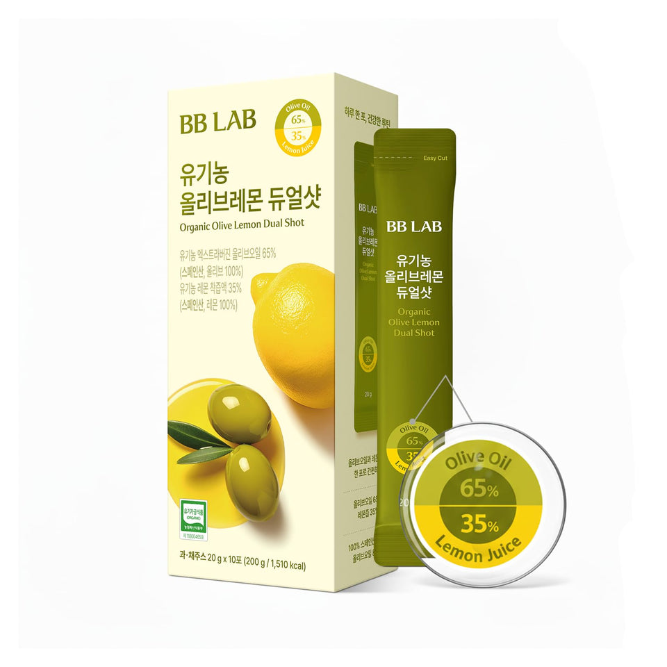 BB LAB Organic Olive Lemon Dual Shot bottle pour showing balanced flavor for meals
