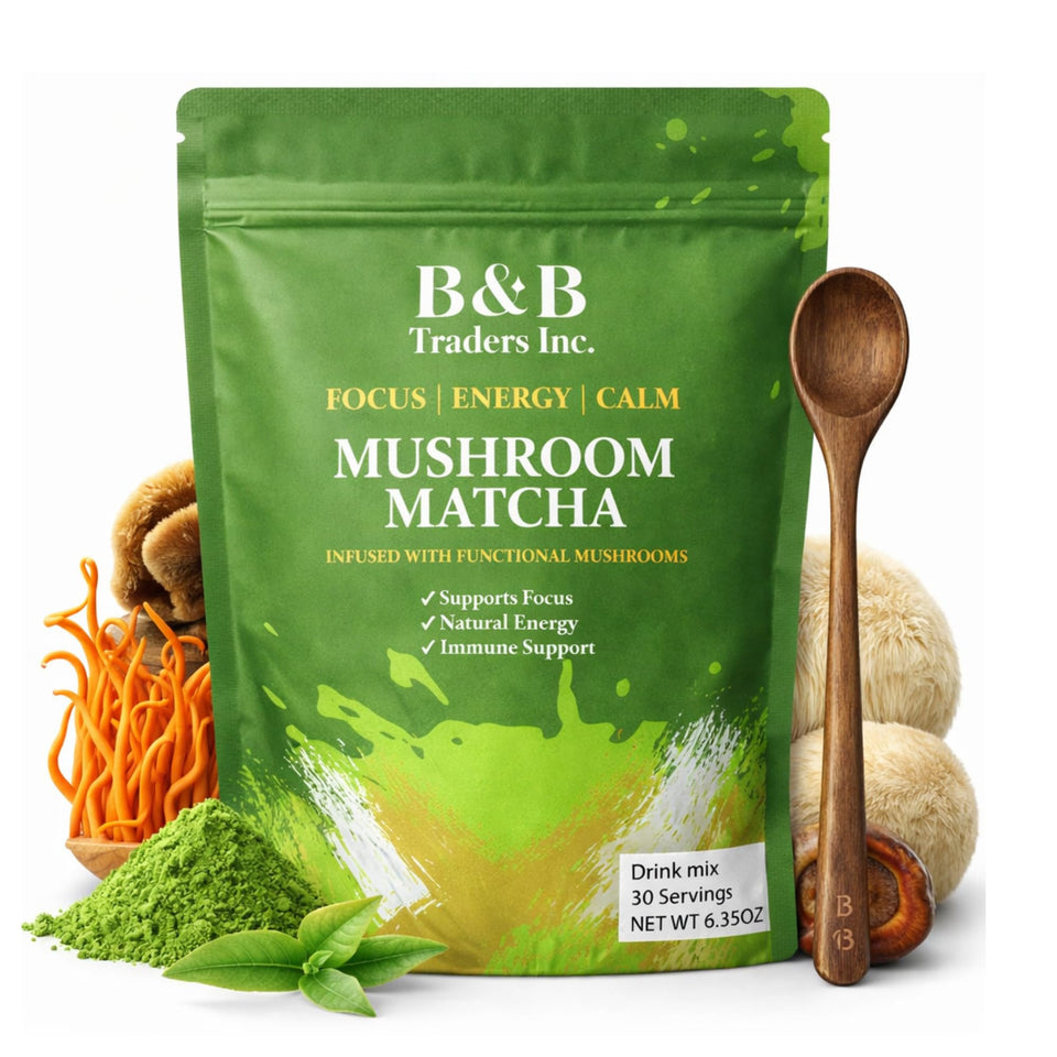 BB Traders Inc mushroom matcha powder bottle front for a clean energy boost