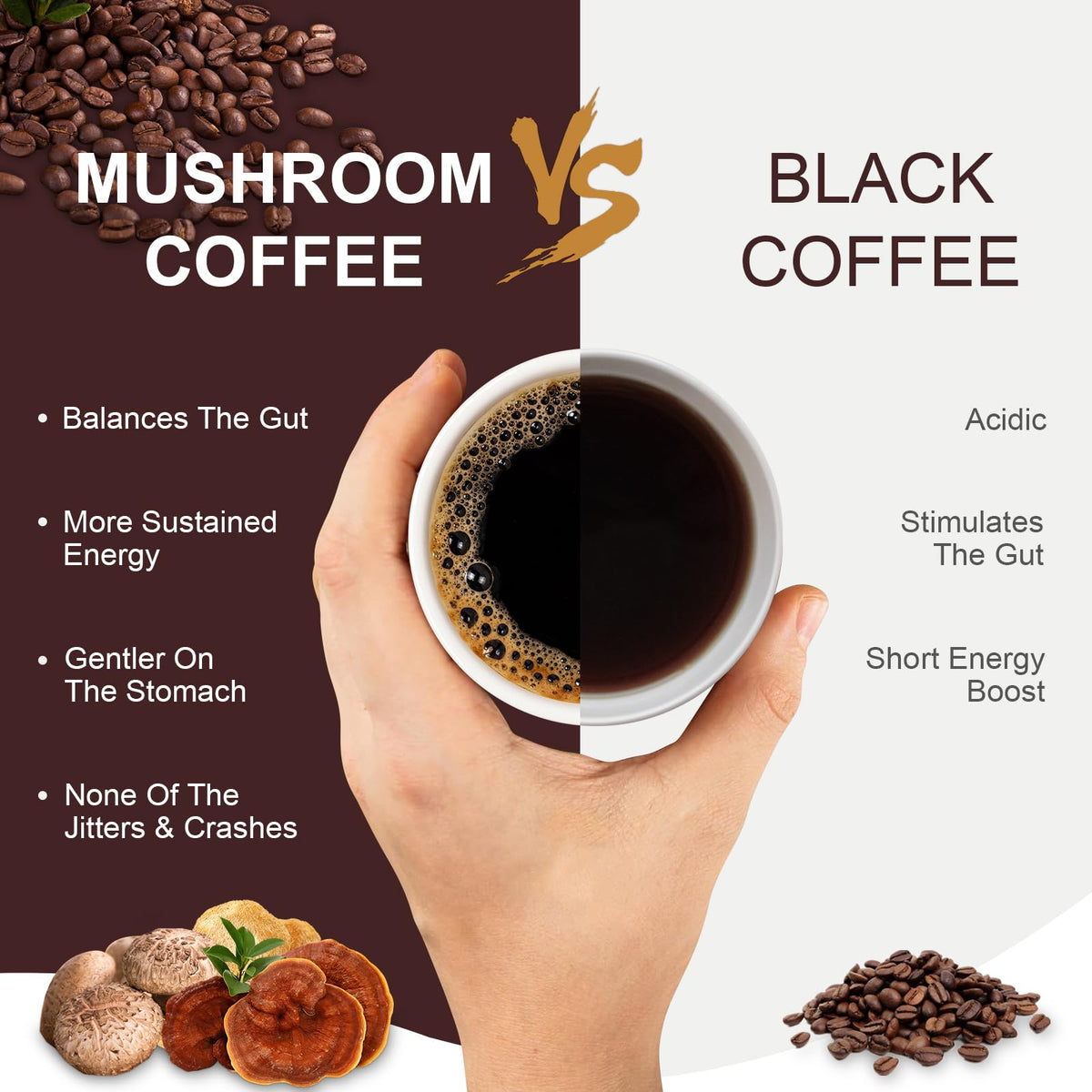 Bcuelov brewed cup of mushroom coffee ready to energize your morning.
