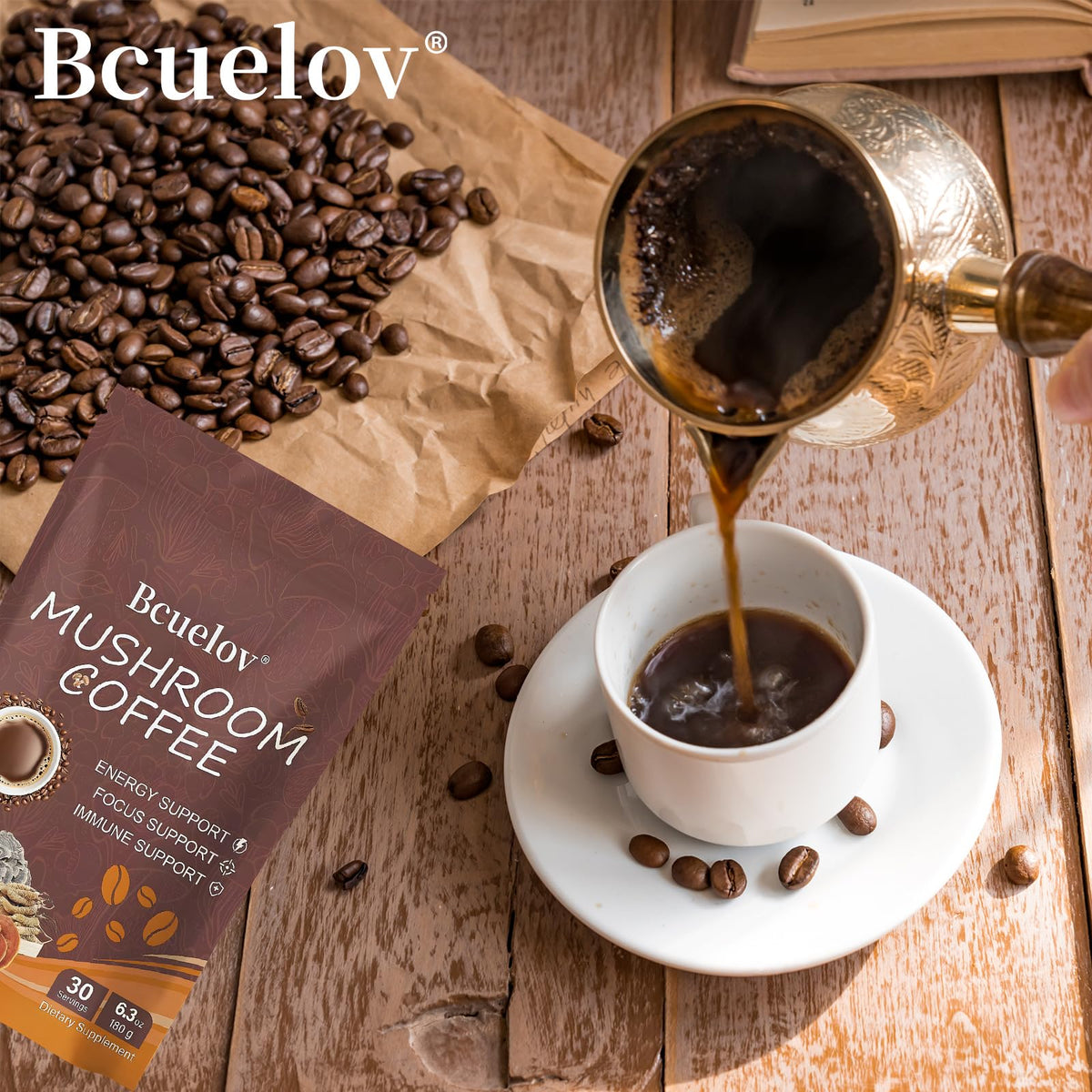 Bcuelov Mushroom Coffee ready to start a quick morning routine.