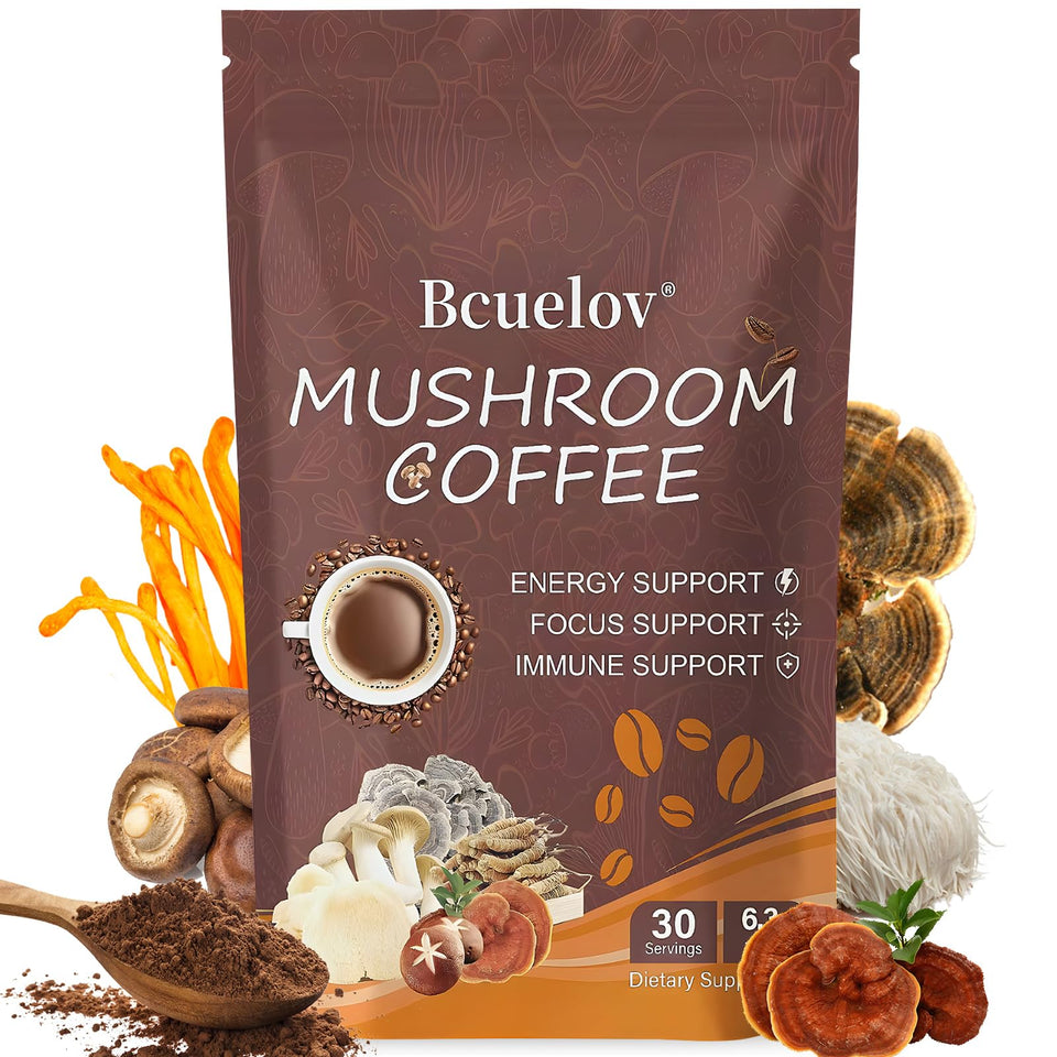 Bcuelov Mushroom Coffee tin front showcasing the six-mushroom blend for steady energy.