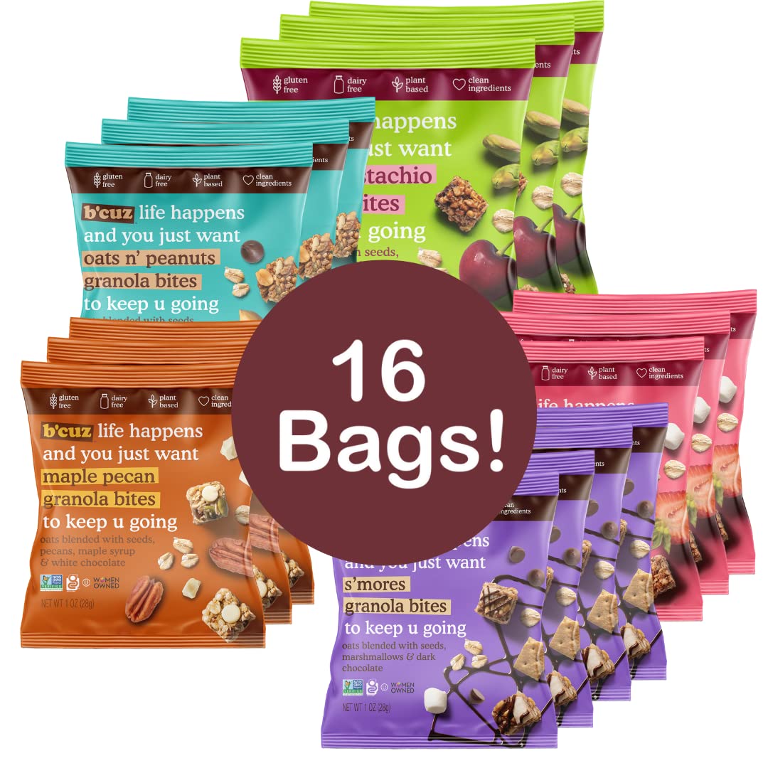 B'CUZ Granola Bites packaging close-up shows gluten-free ingredients