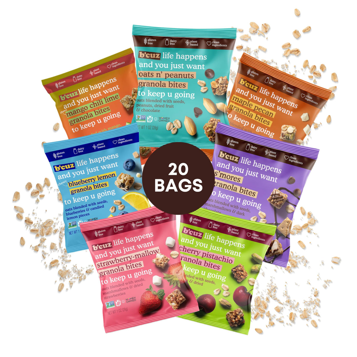 B'cuz Granola Bites variety pack front view, convenient 1 oz pouches for on-the-go snacking.