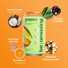 Be Amazing Greens coconut water electrolytes visual emphasizing natural hydration support.