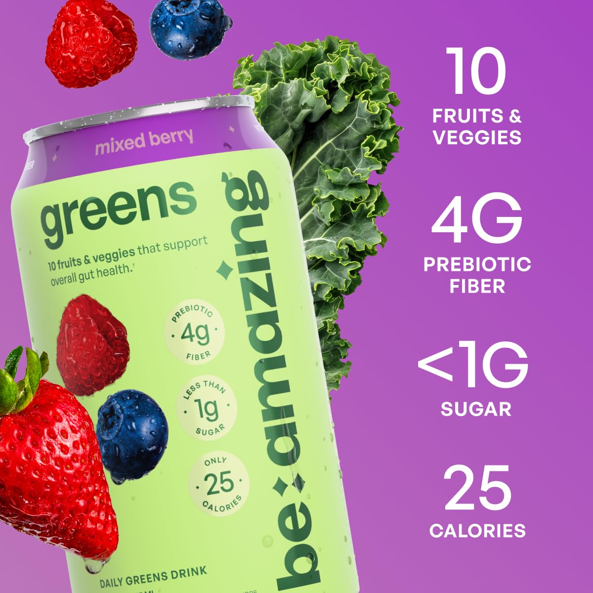 Be Amazing Greens Mixed Berry nutrition panel view highlighting vitamins.