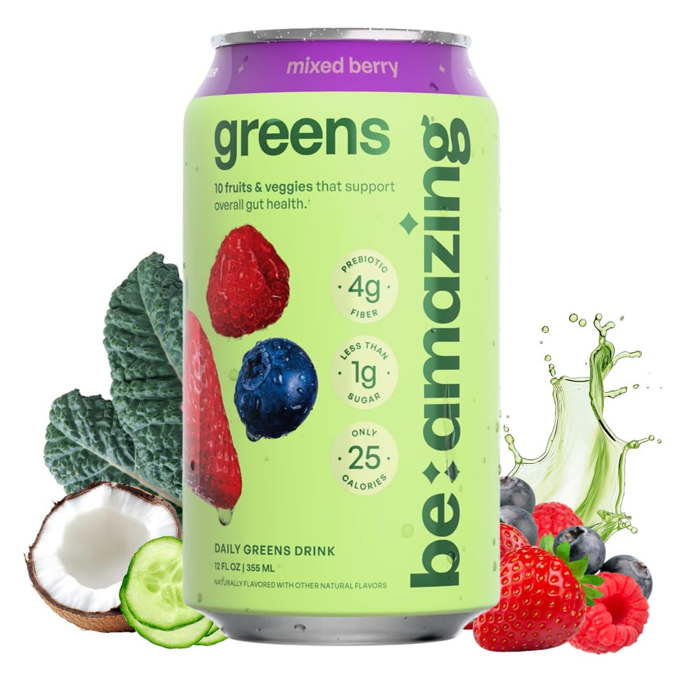 Be Amazing Greens Mixed Berry can front view for on-the-go nutrition.