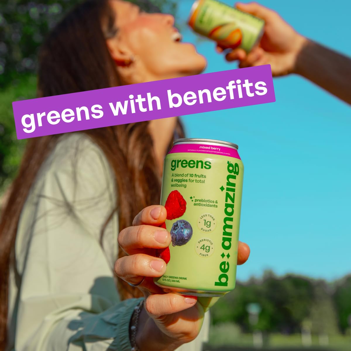Be Amazing Greens Mixed Berry ingredients chart showing organic fruits and vegan formula.
