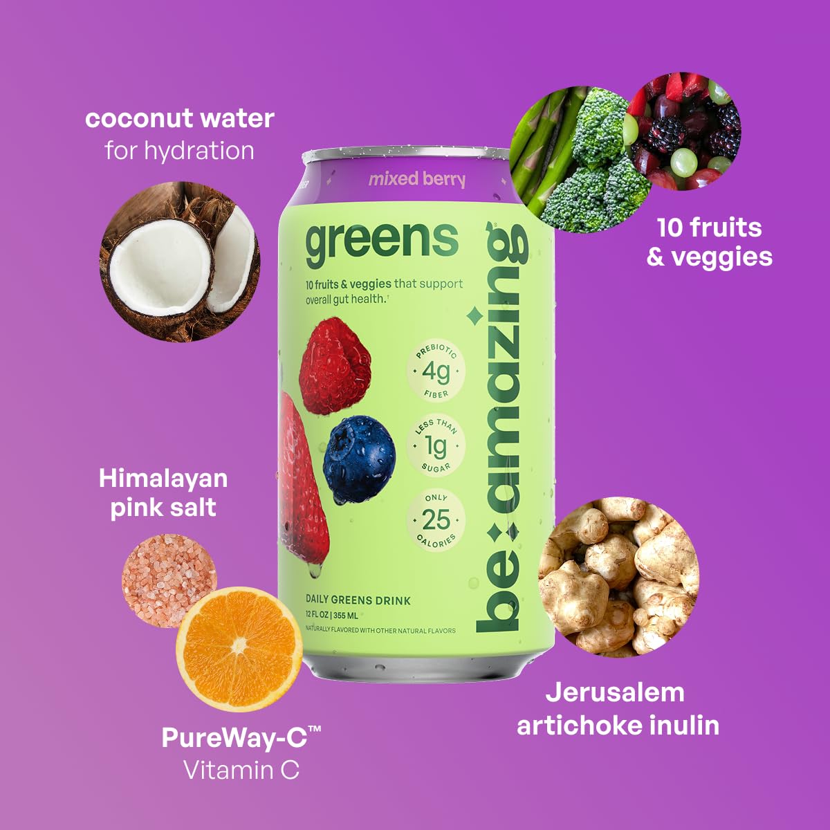 Be Amazing Greens Mixed Berry being poured into a glass for refreshing hydration.