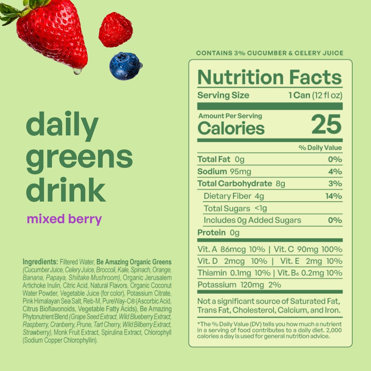 Be Amazing Greens Mixed Berry side view on compact packaging for on-the-go use.
