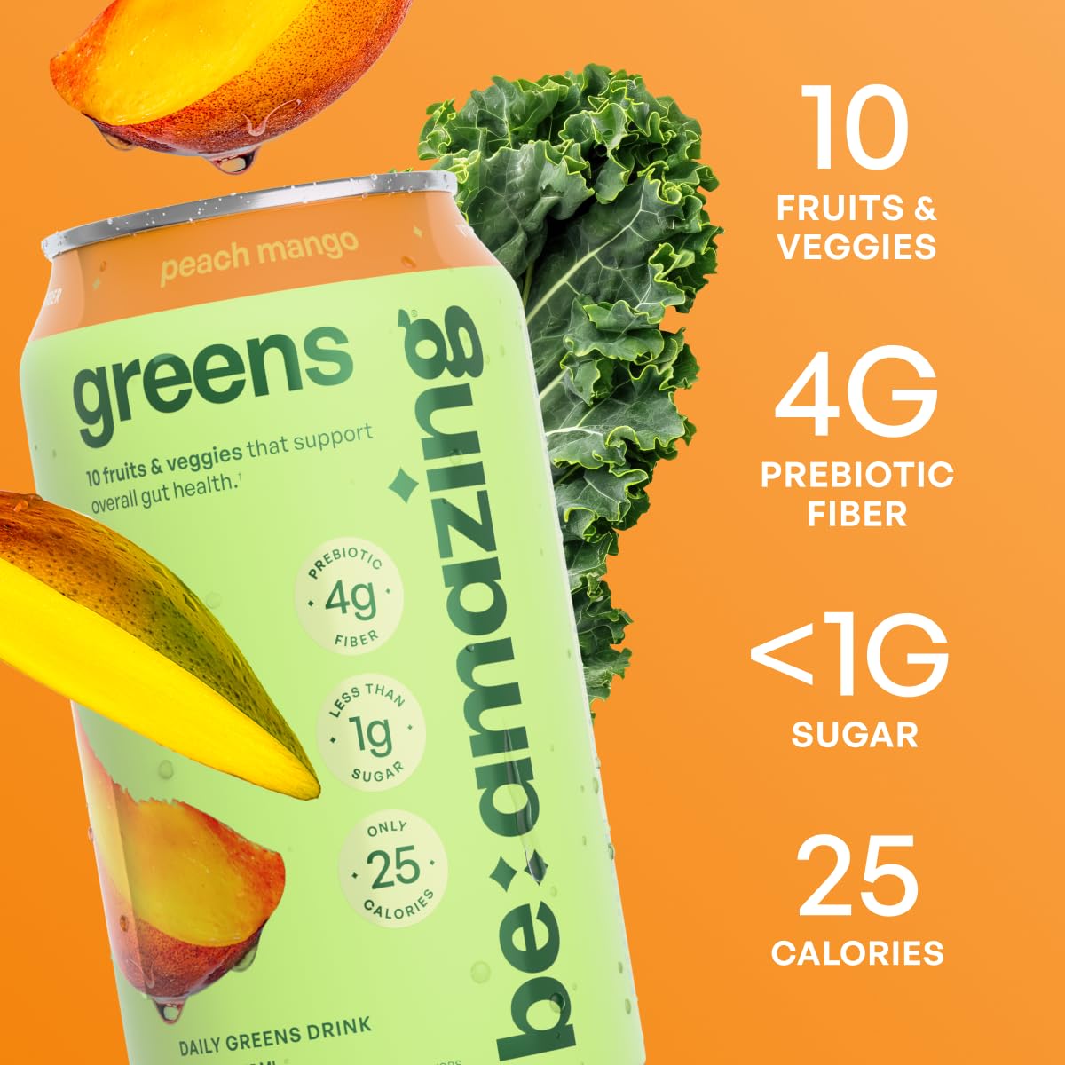 Be Amazing Greens peach mango fruit blend image highlighting flavorful greens on the go.