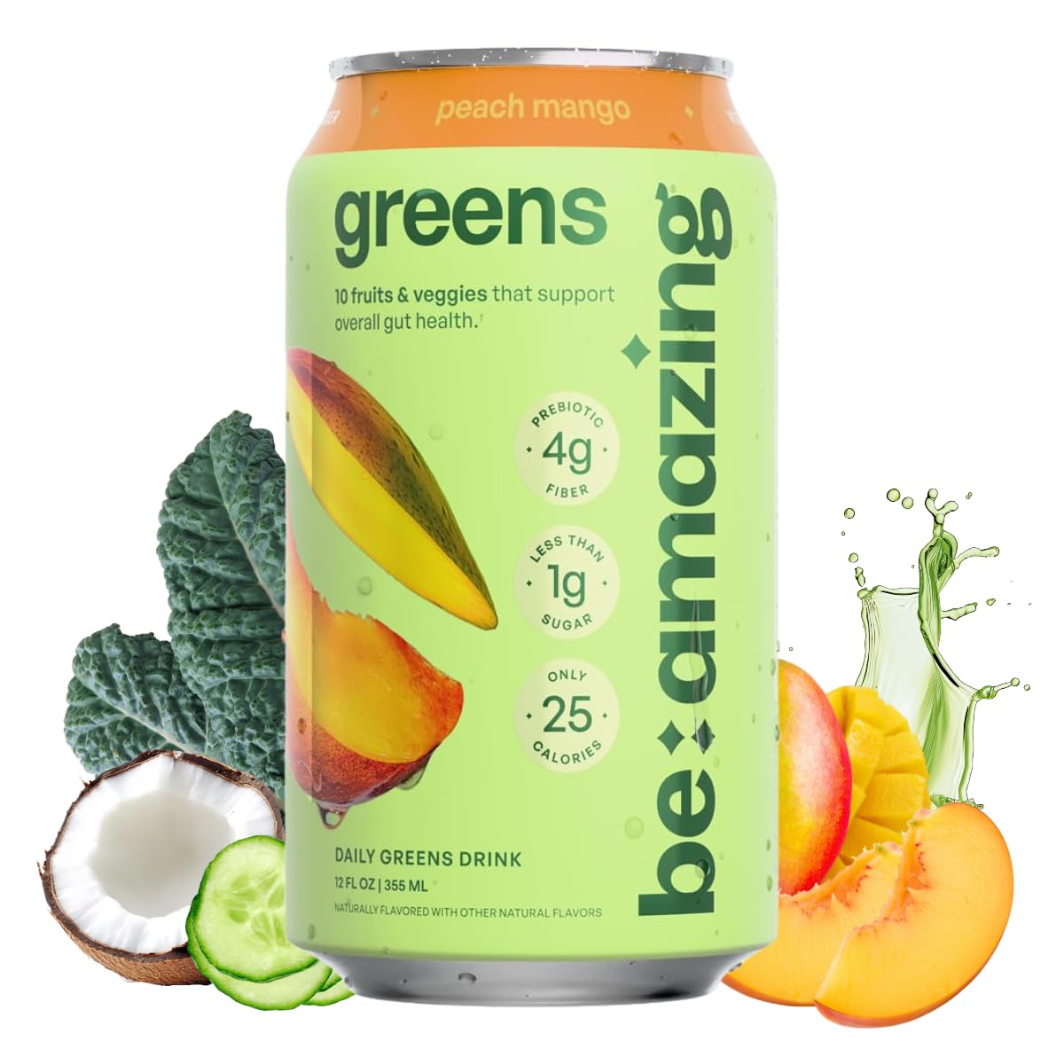Be Amazing Greens ready-to-drink peach mango can for on-the-go hydration with natural fruit flavor.