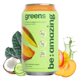 Be Amazing Greens ready-to-drink peach mango can for on-the-go hydration with natural fruit flavor.