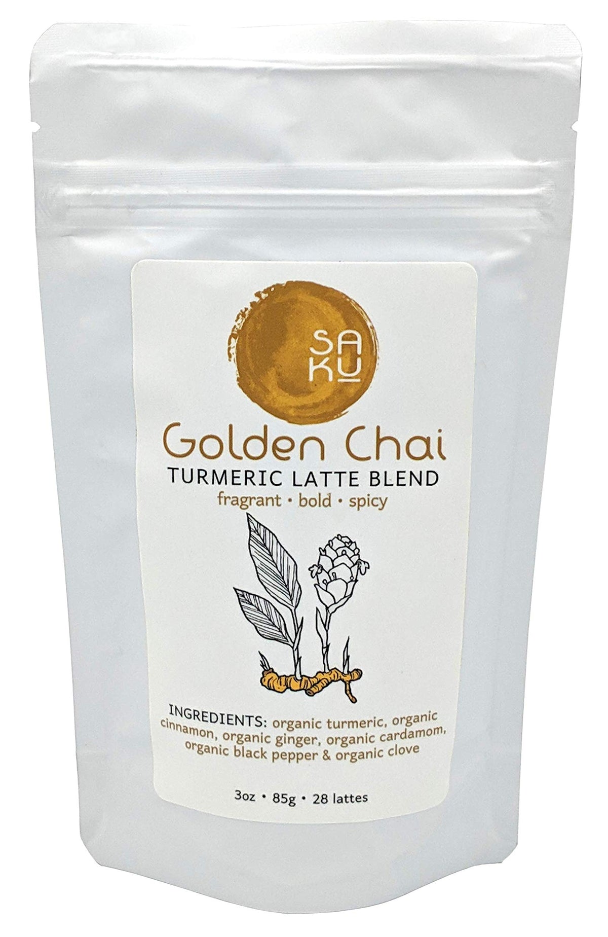 BE SAKU Golden Chai jar label highlights organic turmeric blend.