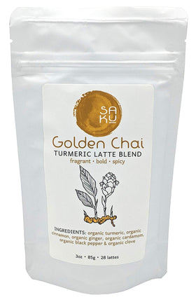 BE SAKU Golden Chai jar label highlights organic turmeric blend.
