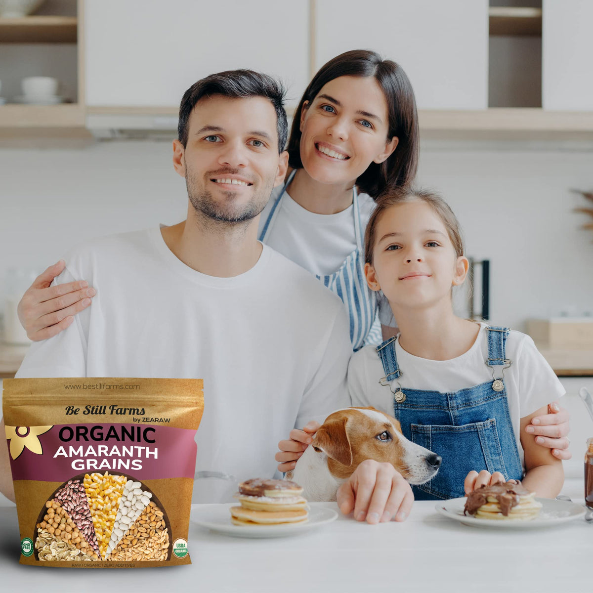 Be Still Farms Amaranth grain kitchen scene suggesting cooking and meal prep possibilities.